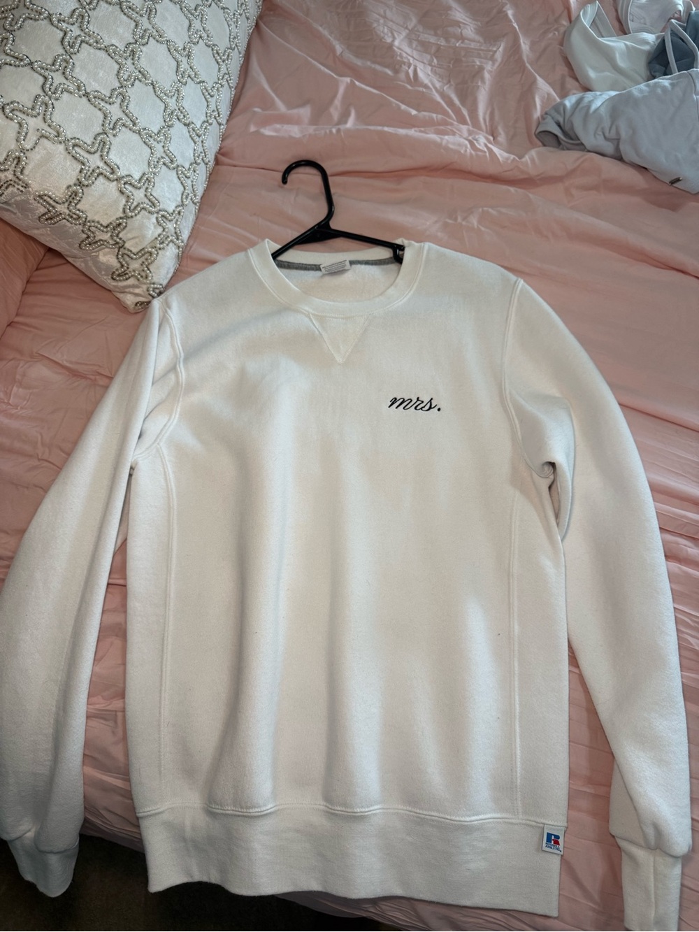 Russell Athletic White Crewneck Sweatshirt with 'mrs.' Embroidery
